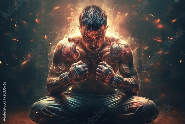 Fototapeta Sweaty Sport boxer man alone in locker room. Box athlete mental prep for competition fight. Generate ai