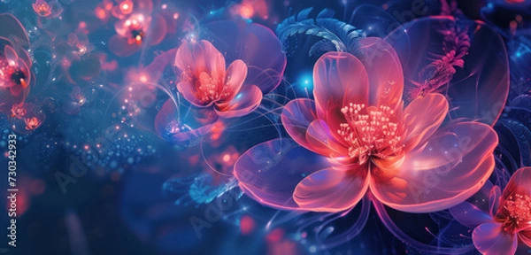 Obraz y2k urzekająca cyfrowa sztuka świecących kwiatów w mistycznym niebiesko-czerwonym neonowym krajobrazie