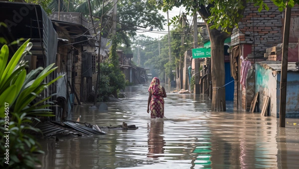 Fototapeta Residents of Bangladesh coping with the aftermath of a cyclone, navigating flooded streets and damaged homes