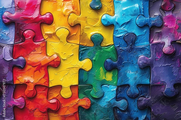 Obraz A close-up of a colorful jigsaw puzzle with a rainbow of pieces.