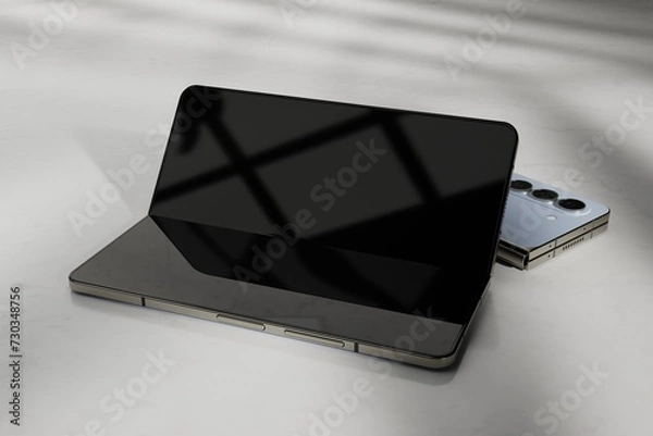 Fototapeta Foldable smartphone mockup with shadows overlay and screen reflection