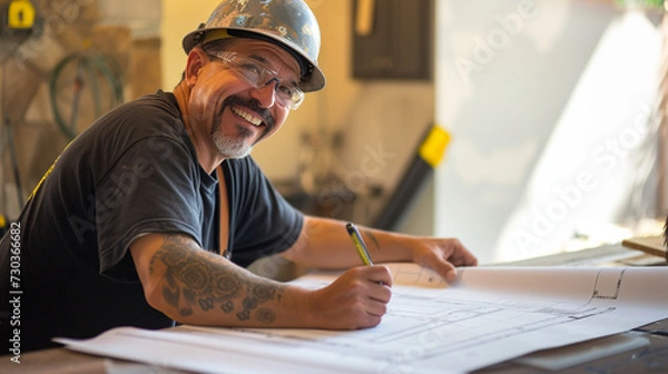 Fototapeta Cheerful construction worker holding blueprint and pencil, actively engaged in home interior redesigning project. Professional builder in hardhat planning and conceptualizing, bringing new life to res