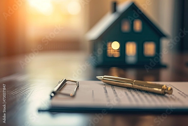 Obraz A realtor finalizes a mortgage agreement with a joyful young couple, marking the purchase of their new home. This encapsulates the essence of home ownership and securing a property loan