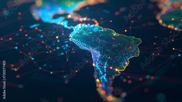 Fototapeta Abstract digital map of South America, South American global network concept and connectivity, data transfer and cyber technology, information exchange and telecommunications.