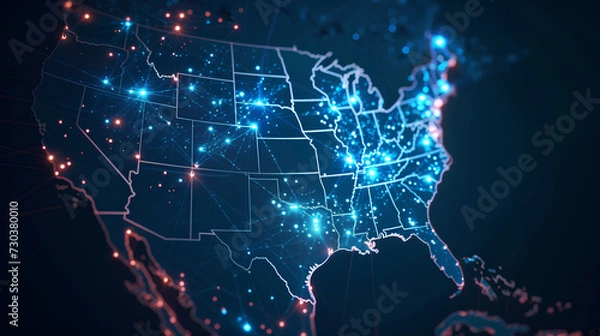 Fototapeta Abstract digital map of the Americas, American global network concept and connectivity, data transfer and cyber technology, information exchange and telecommunications. EE.UU.