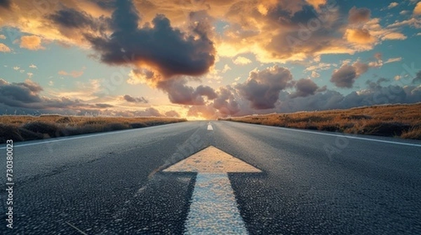 Fototapeta A conceptual image featuring an asphalt road with a direction arrow, symbolizing the idea of choosing a path or direction