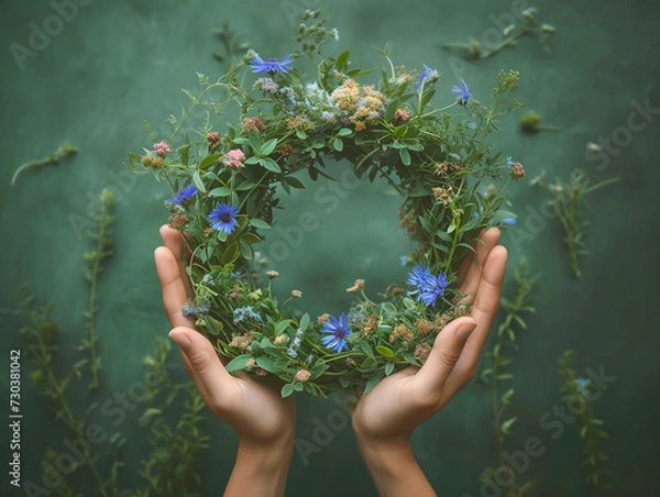 Obraz Hands holding a wreath of wild flowers and herbs, on green background. Floral decoration for midsummer celebration, summer solstice. Scandinavian tradition. From above, top view.