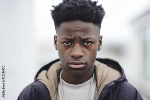 Obraz A portrait of a young African-American Guy with an afro hairstyle and serious expression, wearing a black jacket on White Background outdoors