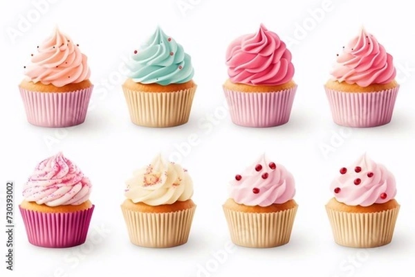 Fototapeta Set of delicious birthday cupcakes on white background. Banner design