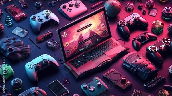 Fototapeta Gamer work space concept. gaming set up. top view of a gaming gear, keyboard, mouse, gamepad, joystick, headset and a smartphone on a colorful desk


