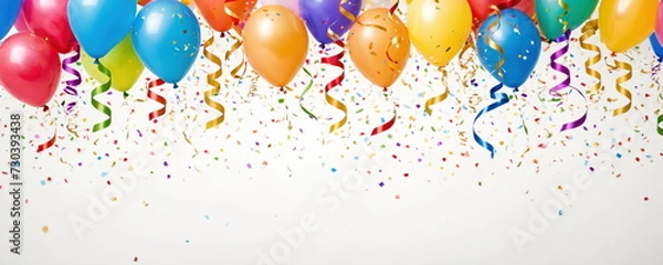 Obraz A bright array of colorful balloons, streamers and confetti scattered on the floor convey the festive spirit of the celebration. Background for a postcard, banner.