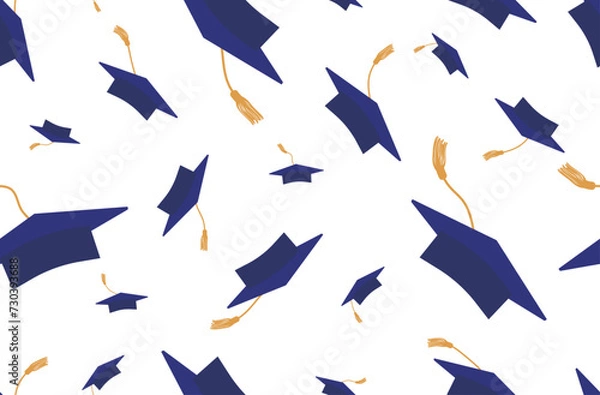 Fototapeta Thrown up graduation caps, seamless pattern.  Graduation background. Vector illustration