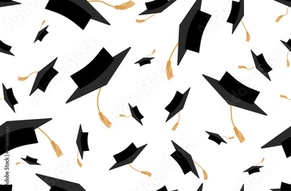 Fototapeta Flying graduation caps, seamless pattern. Graduation background. Vector illustration