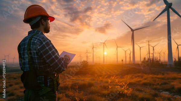 Fototapeta Rear view of chief engineer analyzing renewable energy from farm in morning With wind turbine Clean and green energy Operations to produce electricity Renewable energy concept, electric power
