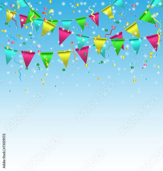 Fototapeta Multicolored bright buntings garlands with confetti on sky backg