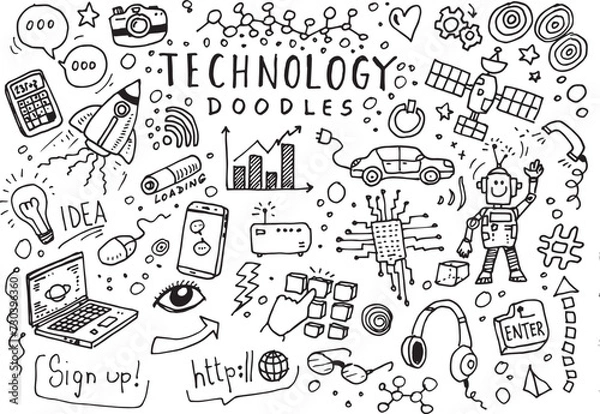 Fototapeta Technology doodles, hand drawn vector elements on white paper