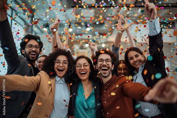 Fototapeta A jubilant and diverse team of employees celebrating a successful business achievement amidst a shower of confetti