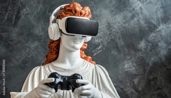 Fototapeta estátua moderna usando headphones, óculos vr, controle