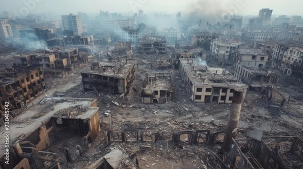 Obraz war-torn city, destroyed buildings, bullet holes in walls, shell holes on the ground