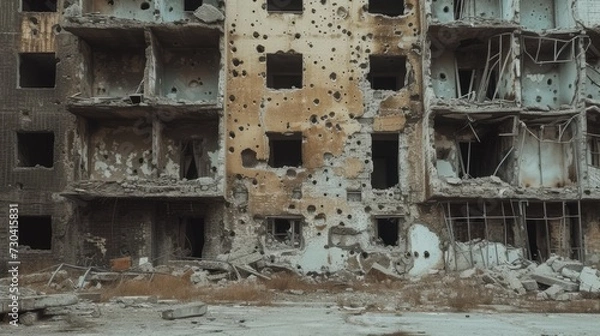Obraz war-torn city, destroyed buildings, bullet holes in walls, shell holes on the ground
