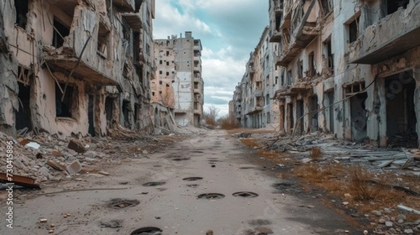 Obraz war-torn city, ruins, destroyed buildings, bullet holes in walls, shell holes on the ground