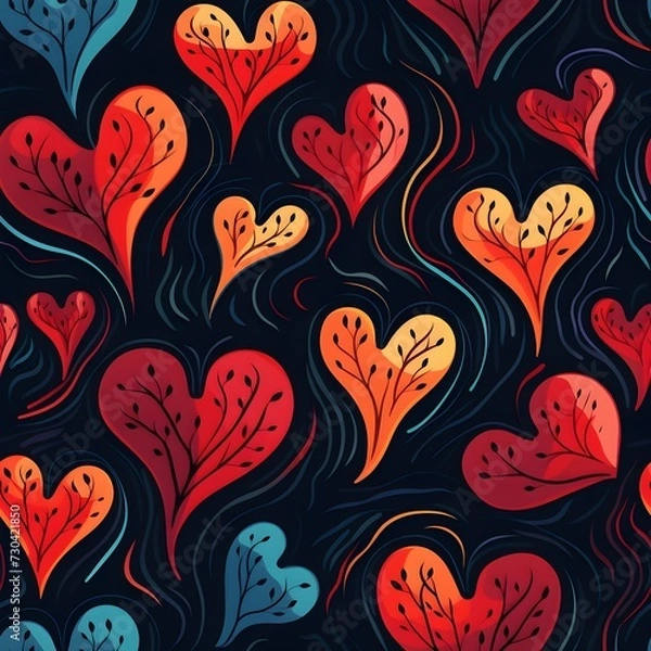 Fototapeta Seamless pattern with red and orange hearts on dark blue background.