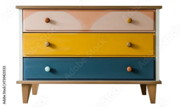 Fototapeta A Scandinavian-inspired chest of drawers with clean lines, colourful drawer finish.