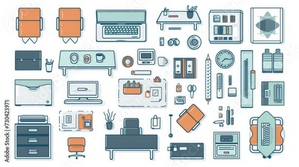 Fototapeta sleek set of outline icons representing top view office and conference room furniture