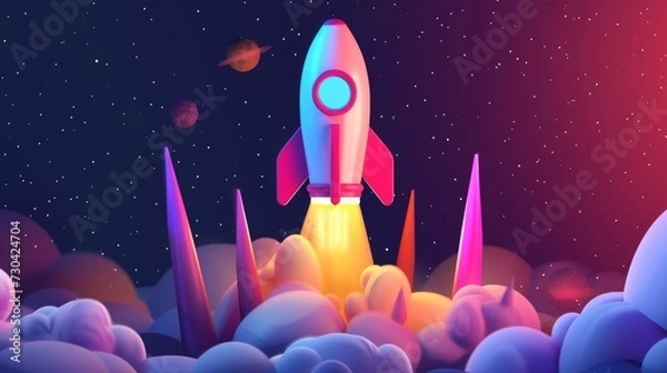 Fototapeta An imaginative cartoon illustration depicting a startup concept, featuring a vibrant spaceship launch, symbolizing innovation, ambition