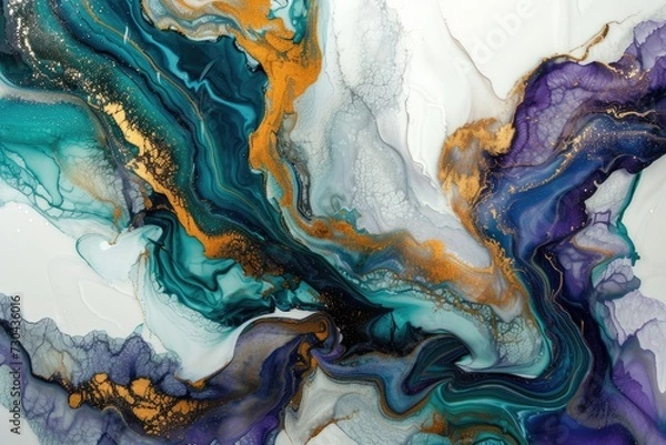 Obraz Currents of translucent hues, snaking metallic swirls. Natural luxury abstract fluid art painting in alcohol ink technique