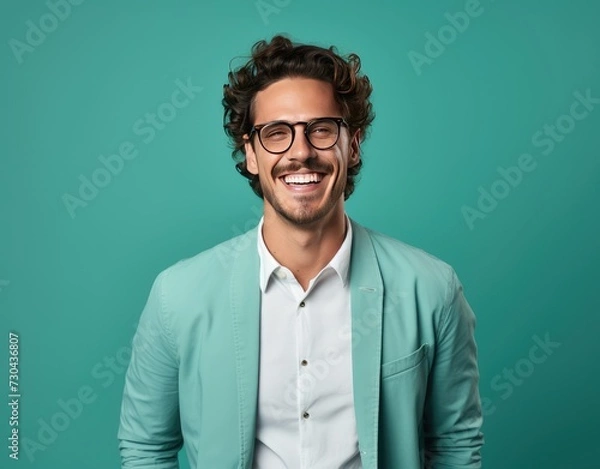 Fototapeta Portrait of young smiling man wearing glasses isolated on turquoise background with space for inscriptions or text.generative ai