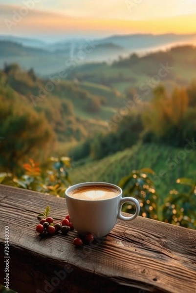 Obraz a cup of coffee with a view of the coffee field, in the style of dynamic landscapes, smokey background