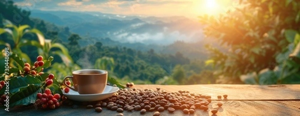 Obraz coffee near coffee beans on table of coffee crop field with sunrise, in the style of lifelike renderings