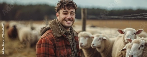 Fototapeta a man smiling standing next to his sheep at a farm
