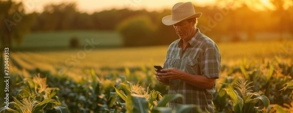Obraz farmer wearing hat on cell phone standing in cornfield