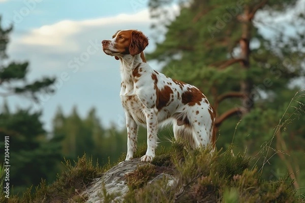 Fototapeta Brittany dog stands on a path in the woods, in the style of light amber and white