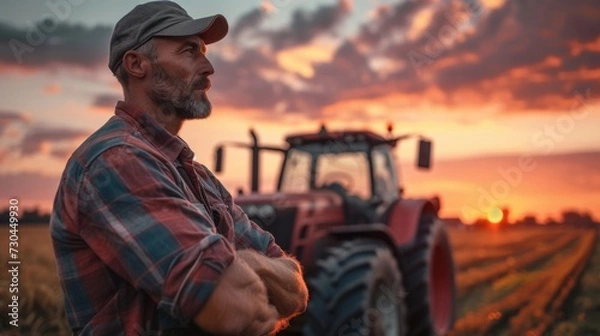 Fototapeta farmer standing in front of a tractor
