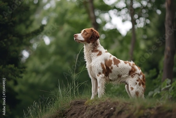 Fototapeta Brittany dog stands on a path in the woods, in the style of light amber and white