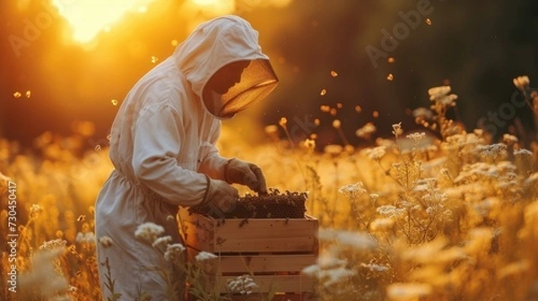 Obraz hive beekeeper or apiarist tending hives with a beehive