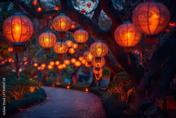 Fototapeta Capture candid moments of multi-generational families immersed in the joy of Lantern Festival festivities.