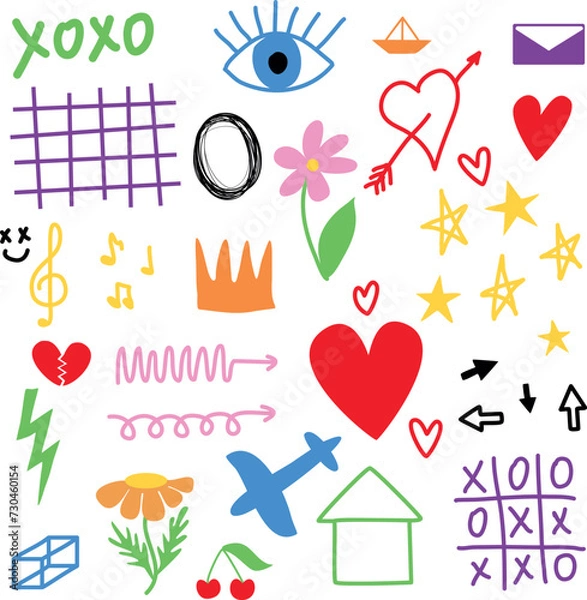 Obraz A set of child-inspired doodles. Crown, airplane, flowers, treble clef with notes, stars, hearts, house, arrows, envelope in simple style