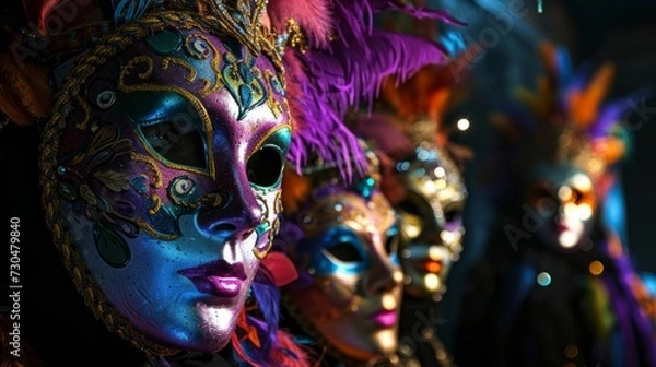 Fototapeta Exuberant carnival composition featuring masks and decorations in the spotlight against a dramatic black background generative ai