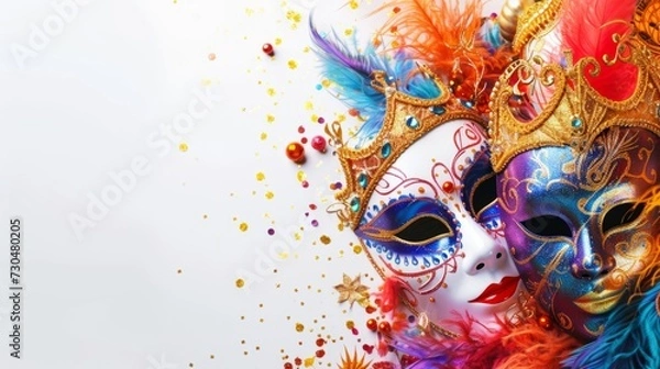 Fototapeta Festive carnival arrangement showcasing lively masks and decorations on a sophisticated white background, generative ai