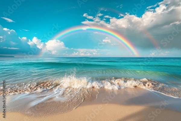 Fototapeta Tropical beach rainbow in sky with blue ocean, waves and sandy beach. The concept of mindfulness, inner peace and happiness. 