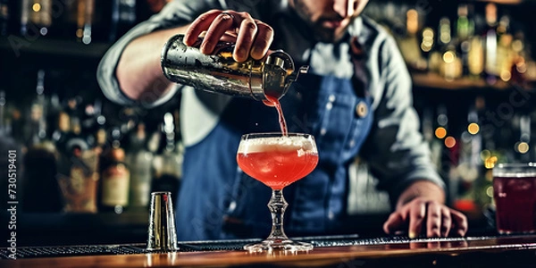 Fototapeta A bustling bar alive with chatter and the mix of ingredients for a classic, well-balanced cocktail, swirling together in a shimmering glass