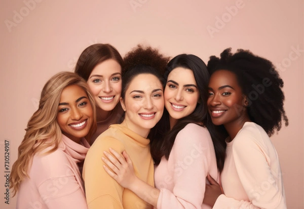 Obraz Happy different ethnicity women hugging, smailing show white teeth. Frendship, supporting, Mental health and empathy. Woman's day concept.