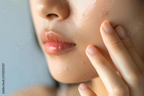 Obraz ニキビを気にするアジア人女性の肌荒れのクローズアップ写真