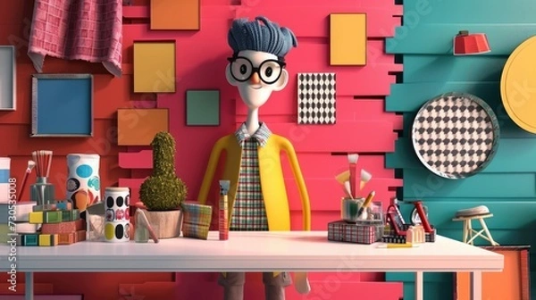 Fototapeta Cartoon digital avatars of DÃ©cor Guru With fabric swatches and paint samples