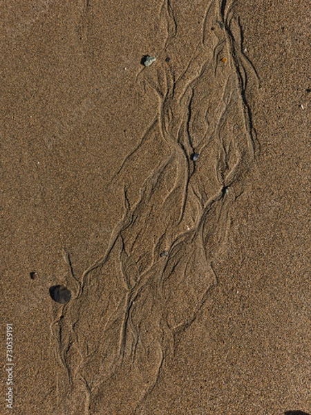 Fototapeta Pebbles are scattered across a beach as the surf pulls out to low tide, revealing natural, criss-crossing patterns in the wet sand. The sand is a smooth earthen color, darkened by the sea water.
