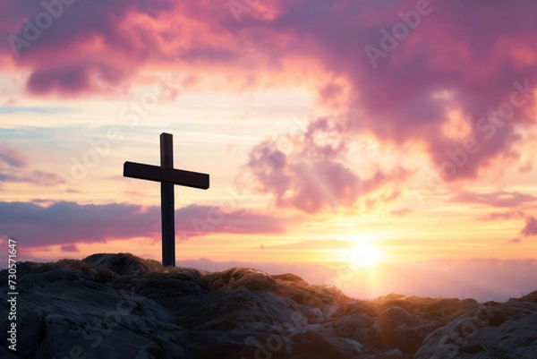 Fototapeta Easter cross on dawn as symbol of a Christianity AI Generative